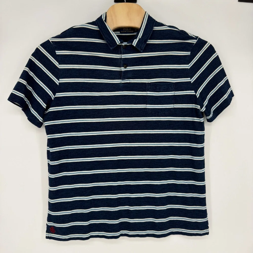 Polo Ralph Lauren Mens XL Navy Blue White Striped Pocket Polo Shirt RL Anchor